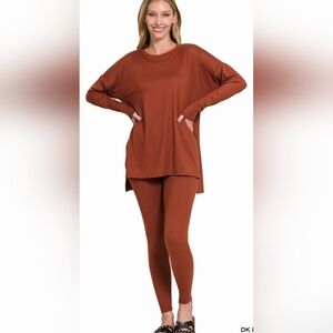 Zenana XL Set Rust Long Sleeve Top and Leggings Set EUC PTP 27 Waist 18